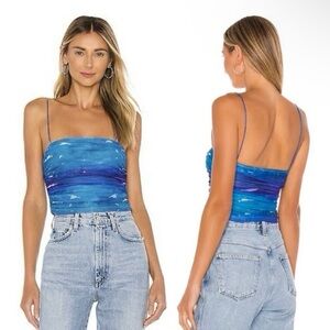 superdown Blue Printed Spaghetti-Strap Crop Top